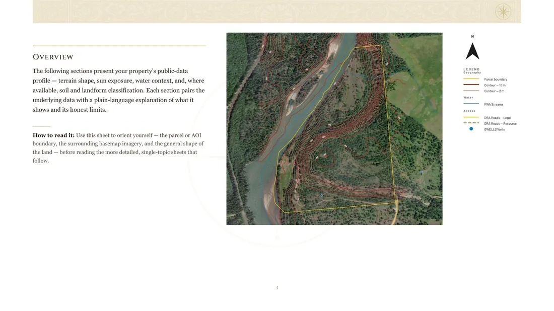 A page from the LodestarGIS report deck: a plain-language section beside its map, with legend, north arrow and a note on how to read the sheet.