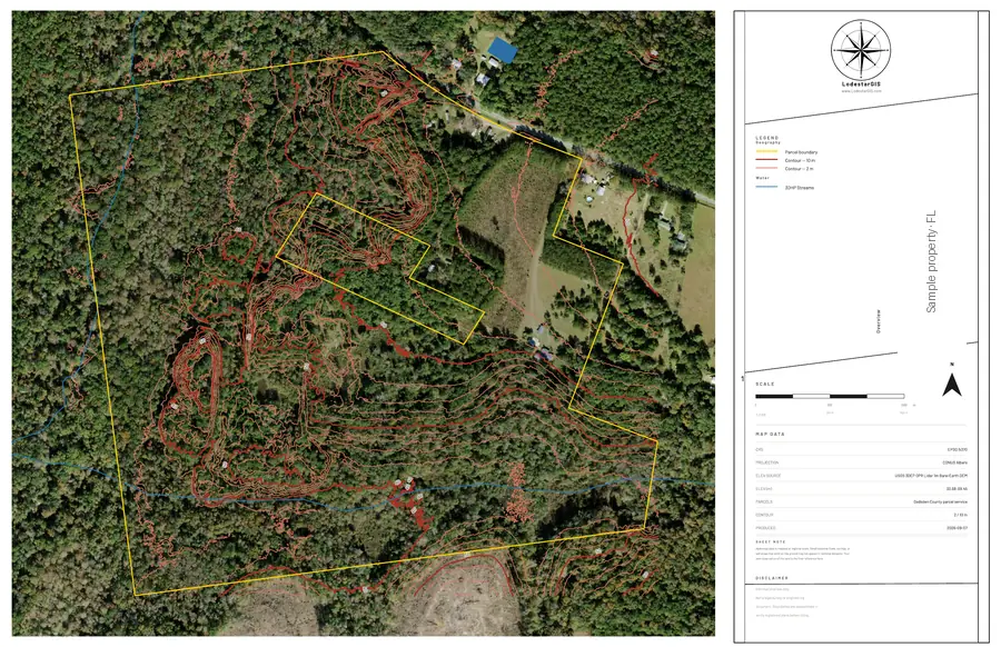 Overview sheet from a LodestarGIS map set: the parcel boundary over the current orthophoto, with a survey sidebar carrying legend, north arrow and data provenance.